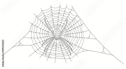 Detailed spider in its web vector line art illustration