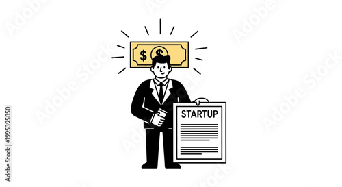 Businessman holding startup plan document with glowing money vector