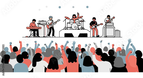 Rock band performing live concert for cheering audience vector