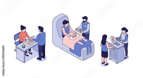 Isometric Illustration of Medical Professionals and Patient in Hospital.