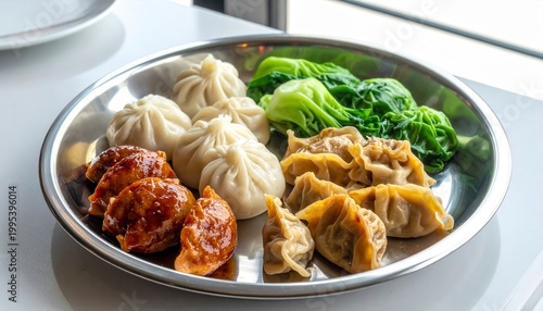 A delicious assortment of steamed dumplings and char siu pork buns served on a plate