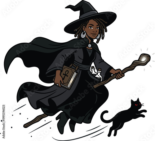 A young dark skinned sorceress flies on a broom with a black cat holding a spellbook and radiating magical energy