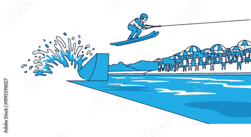 Water ski athlete performing a jump stunt over blue water