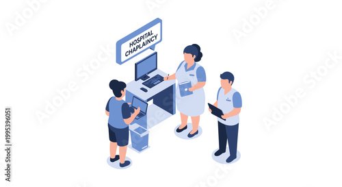 Isometric Illustration of Hospital Staff Interacting at the Reception Desk.
