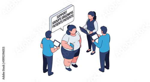 Isometric Illustration of Support Group Meeting with Patients and Doctors.