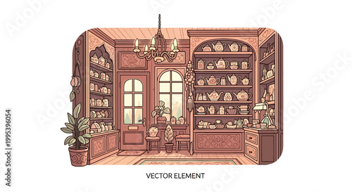 Cozy Vintage Tea Shop Interior Vector Illustration