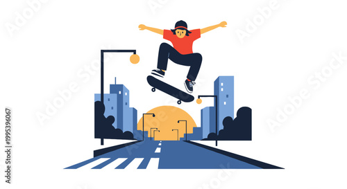 Skateboarder performing an air trick on a city street at sunset