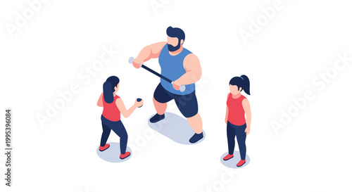 Isometric Illustration of People Playing with a Wooden Stick.