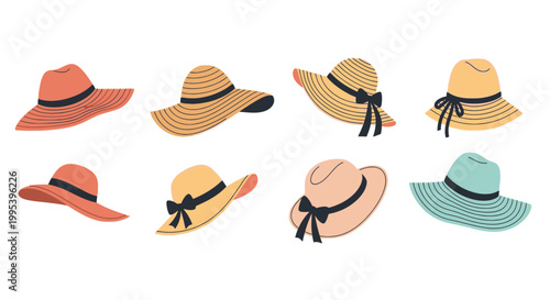 Set of stylish summer sun hats vector illustration
