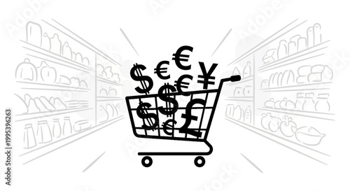 Shopping cart filled with currency symbols in supermarket aisle vector