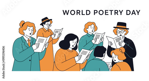 World Poetry Day illustration with people reading from books