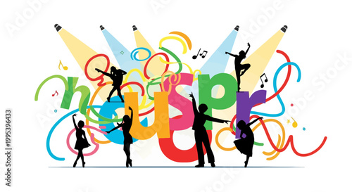 Creative musical performance art with dancer silhouettes and letters