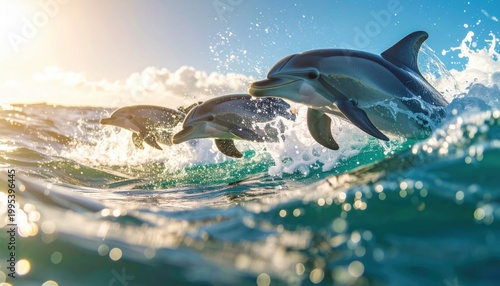 A playful pod of dolphins leaping and splashing in sun-drenched ocean waves, capturing their dynamic movement and natural habitat.