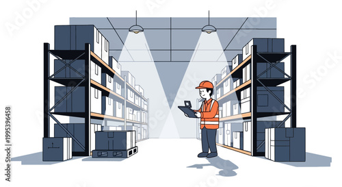 Warehouse worker checking inventory with digital tablet illustration