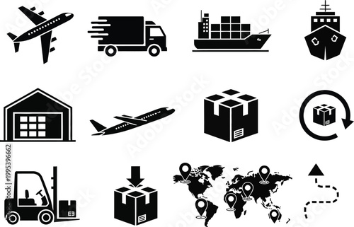 global logistics and transportation icons set flat design vector illustration
