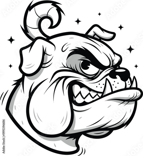 Cartoon angry bulldog head with aggressive expression and stars