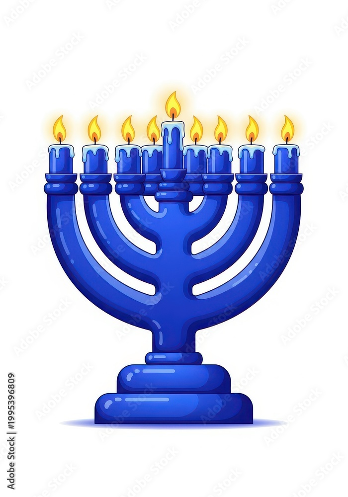 Fototapeta premium Blue menorah with nine lit candles glows against a white background.