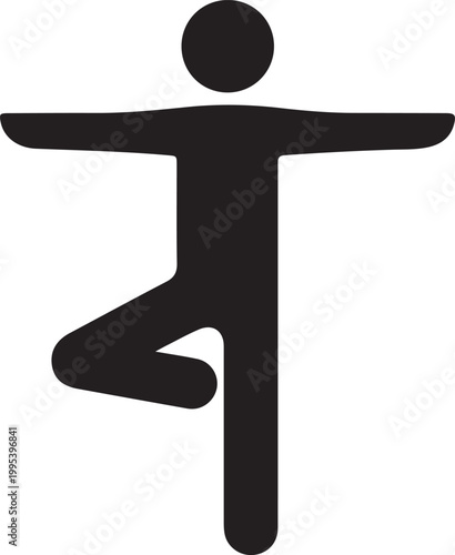 A black stick figure icon standing in a balanced pose with arms outstretched and one leg raised, isolated on a white background, symbolizing balance, yoga, or stability.