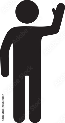 A simple black stick figure icon standing with one arm raised in a waving or greeting gesture, isolated on a clean white background, conveying hello, attention, or farewell.