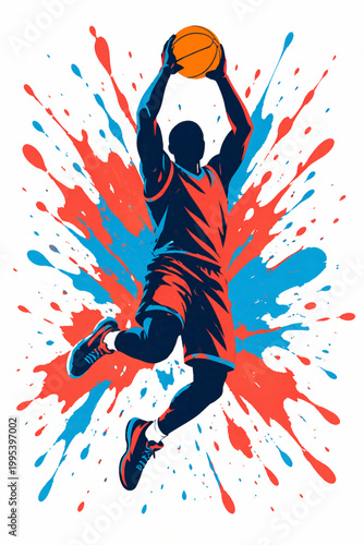 Basketball Player Slam Dunk Vector Illustration with Colorful Paint Splatters