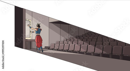Performer in costume preparing backstage by an empty theater hall