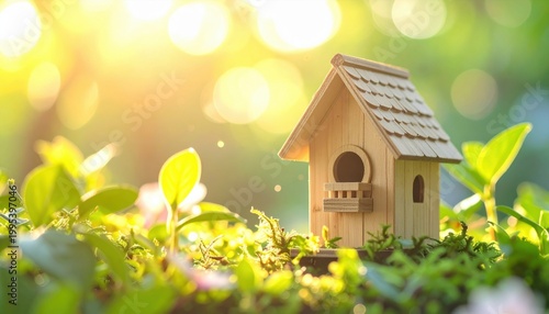 Charming miniature wooden birdhouse with tiny shingles and a small perch nestled in lush green foliage with soft sunlight.