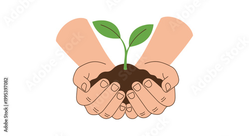 Hands holding a green seedling in soil vector illustration