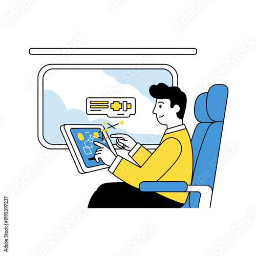 Man Using Tablet While Traveling on a Train Illustration