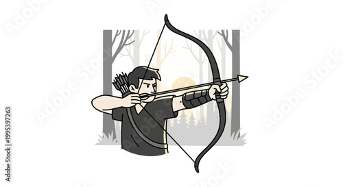 Male archer aiming bow and arrow in forest illustration