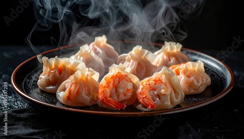 Close up shot of steaming crystal dumplings filled with succulent shrimp and translucent wrappers on a dark plate
