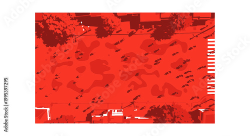 Top view illustration of people walking in a busy red city plaza
