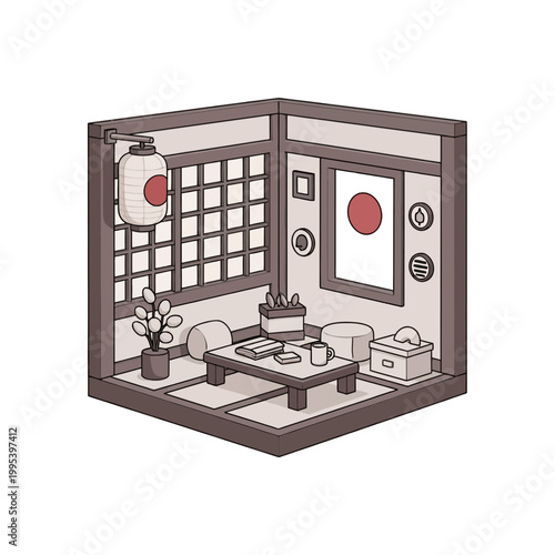 Cozy Traditional Japanese Room Isometric Vector Illustration