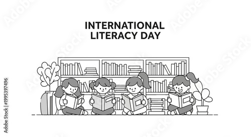 International Literacy Day illustration with girls reading books