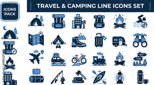 Travel and camping line icon collection in modern vector style for outdoor adventure apps, hiking guides, and trip planning graphics