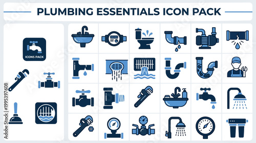 Plumbing essentials icon pack in industrial vector style for repair services, maintenance manuals, hardware catalogs, and utility graphics