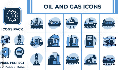Oil and gas industry icon pack in editable vector style for refinery systems, energy platforms, technical reports, and presentation slides