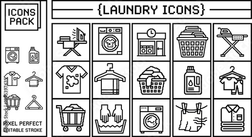 Laundry service icon set in outline vector style for housekeeping apps, cleaning labels, appliance manuals, and home care graphics