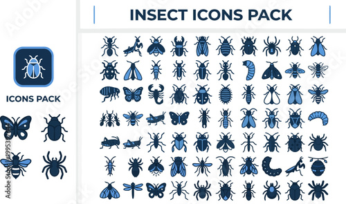 Insect icon pack in detailed vector style for biology posters, entomology guides, pest control branding, and educational layouts