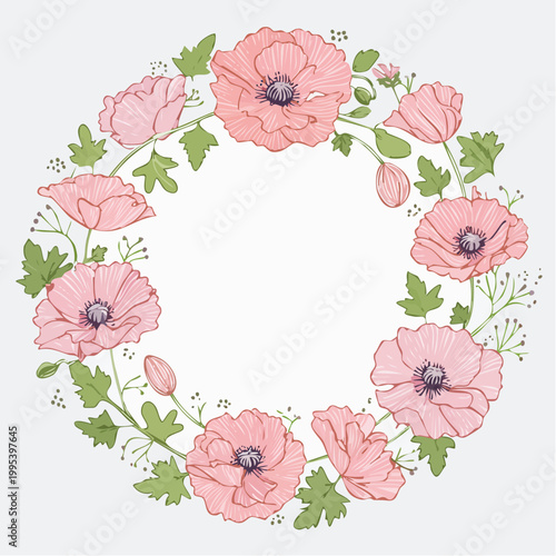 ポピー花円形フレーム線画ピンクリボンかわいいリース素材