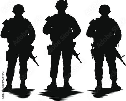 Soldier silhouettes with rifles standing in tactical position representing military strength and defense