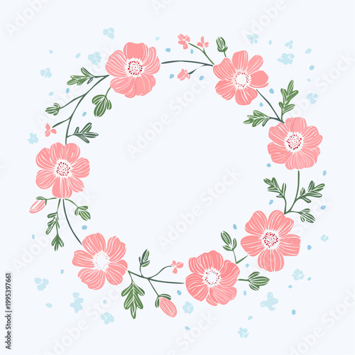 ポピー花円形フレーム線画ピンクリボンかわいいリース素材