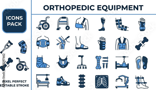 Slika na platnu Orthopedic Equipment and Rehab outline icon set