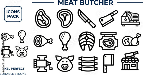 Meat butcher outline icon set in editable vector style for grocery signage, deli menus, protein packaging, and market branding