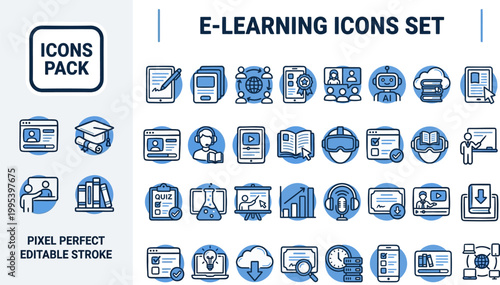 E-learning blue icon pack in friendly vector style for school apps, remote lessons, training portals, and educational graphics