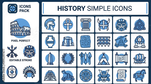 History simple icon pack in classic vector style for museum guides, heritage lessons, cultural posters, timeline layouts