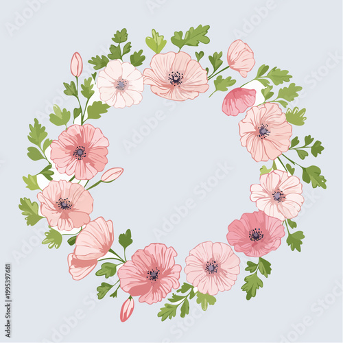 ポピー花円形フレーム線画ピンクリボンかわいいリース素材