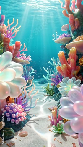 Underwater coral reef ocean seascape sunlight beam turquoise water, tropical sea seafloor sand marine life background illustration, dreamy vibrant