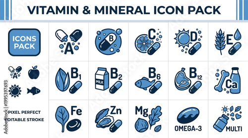 Vitamin and mineral supplement icon pack in flat vector style for health apps, nutrition guides, wellness dashboards, and educational graphics