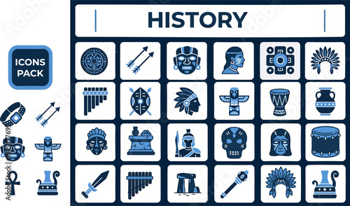 Ancient history icon collection in bold vector style for heritage exhibitions, classroom materials, museum branding, timeline design