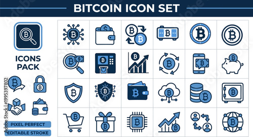 Bitcoin finance icon collection in flat vector style for blockchain payment apps, fintech presentations, and market dashboards